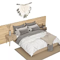 Cozy Double Bed with Wooden Headboard Gray Beige Bedding Nightstand and Macramé Wall Hanging