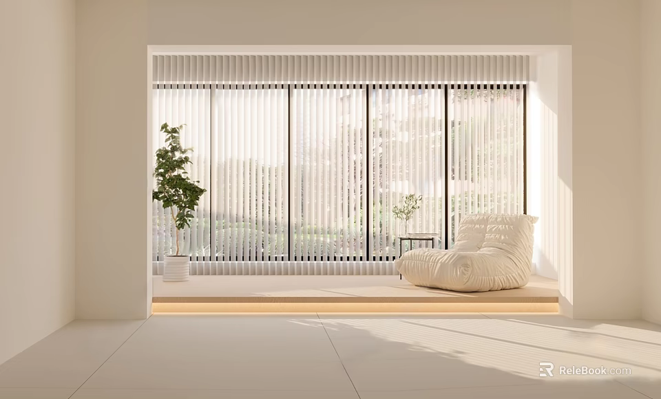 White Vertical Curtains in Bright Modern Room with Green Plant and Cozy Sofa 3d model 