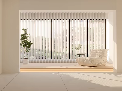 White Vertical Curtains in Bright Modern Room with Green Plant and Cozy Sofa 3d model