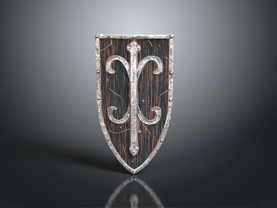 Detailed Medieval Shield Featuring Ornate Metal Border And Wooden Texture on Dark Background 3d model