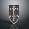 Detailed Medieval Shield Featuring Ornate Metal Border And Wooden Texture on Dark Background