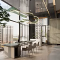 Modern Tea Room With Marble Table Greenery Chandelier And City View