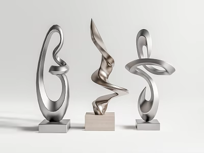 Modern Abstract Metal Sculptures With Curved Design And Wooden Metal Bases 3d model