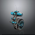 Detailed Blue Mechanical Robot Character With Wheel Antenna And Arm Design