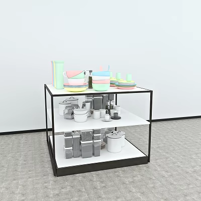 Modern Multi Tiered Display Shelf With Colorful Bowls Plates And Cups 3d model