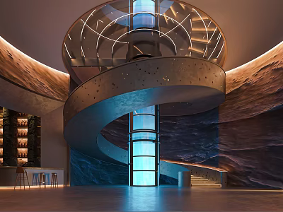 Modern Coffee Shop Interior Featuring Spiral Staircase Ambient Lighting And Unique Design 3d model