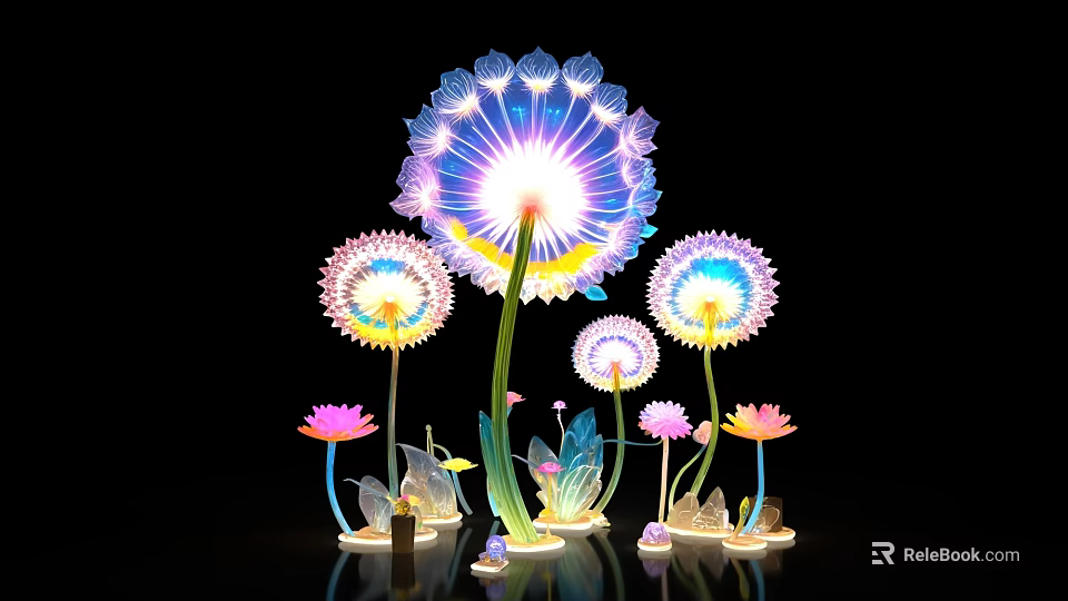 Colorful Illuminated Dandelion And Lotus Art Installation With Light Effects On Black Background 3d model 