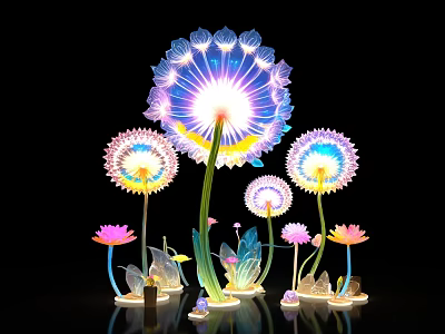 Colorful Illuminated Dandelion And Lotus Art Installation With Light Effects On Black Background 3d model