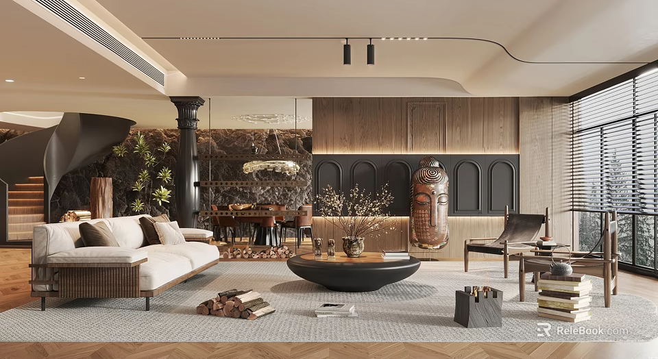 Modern Living And Dining Room Interior With Sofa Coffee Table Green Plants And Wooden Decor 3d model 