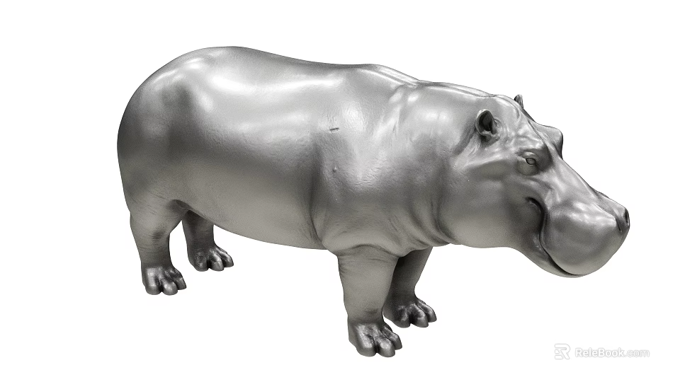 Silver Hippo Sculpture With Smooth Surface Standing Pose And Detailed Features 3d model