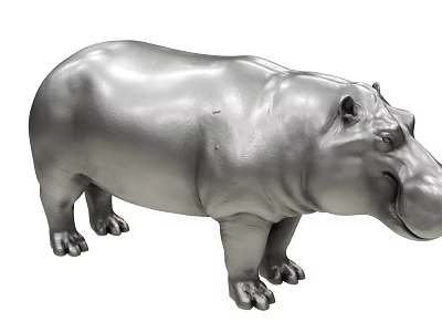 Silver Hippo Sculpture With Smooth Surface Standing Pose And Detailed Features 3d model