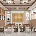 Chinese Style Hotel Mahjong Room Interior With Wooden Tables Stools And Lattice Decor