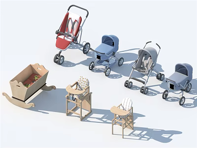 Assorted Baby Gear Collection Including Strollers Rocking Chair And High Chairs 3d model