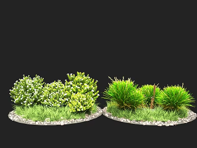 Two Green Plant Arrangements With Bushes Grass White Flowers And Pebble Base 3d model