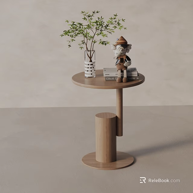 Minimalist Wooden Side Table With Potted Plant Small Statue And Decorative Books 3d model 