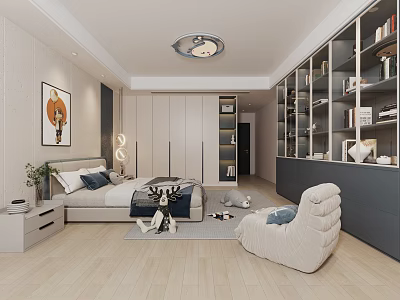 Kids Room Interior Design With Bed Bookshelves Bean Bag Chair And Wall Art 3d model