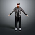Man In Black Cap And Camouflage Jacket With Arms Outstretched On Gray Background