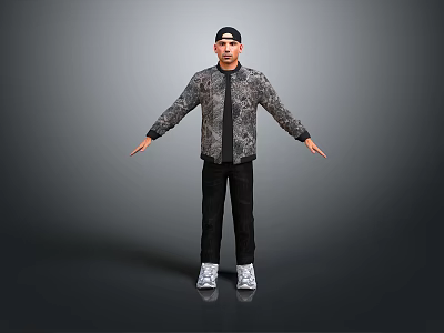 Man In Black Cap And Camouflage Jacket With Arms Outstretched On Gray Background 3d model