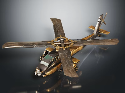 Golden Metallic Helicopter Model With Rotor Blades And Mechanical Structure Display Design 3d model