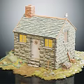 Cartoon Scene of a Quaint Stone Cottage with Small Chimney Wooden Door and Rake Nearby