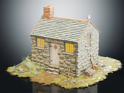 Cartoon Scene of a Quaint Stone Cottage with Small Chimney Wooden Door and Rake Nearby 3d model