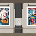 Abstract Paintings With Mecha Robot Artwork On Wall And Central Display Case With Model 3d model