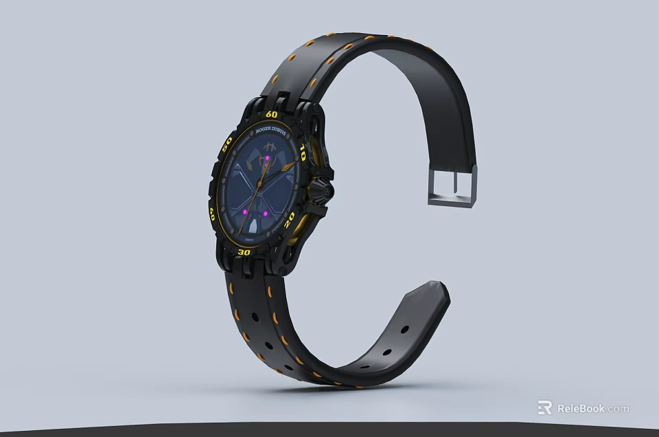 Sporty Black Watch With Yellow Accents Blue Dial And Purple Elements 3d model 