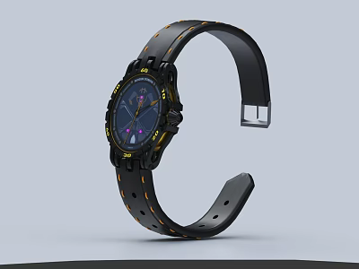 Sporty Black Watch With Yellow Accents Blue Dial And Purple Elements 3d model