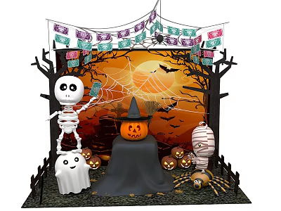 Halloween Party Decoration Setup With Skeleton Pumpkin Lantern Ghost And Spider Web 3d model