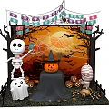 Halloween Party Decoration Setup With Skeleton Pumpkin Lantern Ghost And Spider Web 3d model