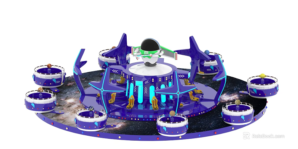 Space Themed Rotating Amusement Park Ride with Blue Design Cabin Seats and Starry Lights 3d model 