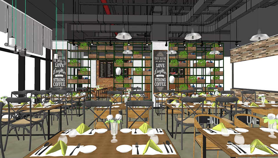 Modern Style Restaurant Interior With Green Plant Wall Hanging Lights And Chalkboard Decor 3d model 