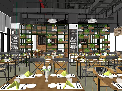 Modern Style Restaurant Interior With Green Plant Wall Hanging Lights And Chalkboard Decor 3d model