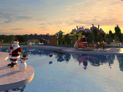 Christmas Amusement Park With Santa Claus Snowman Pool Castle Buildings Sunset Reindeer Sleigh 3d model