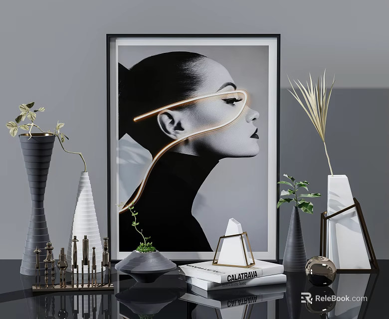 Modern Decorative Ornament Set With Framed Black White Portrait Vases Green Plants And Geometric Ornaments 3d model 