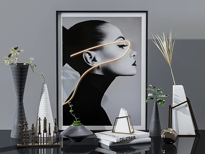 Modern Decorative Ornament Set With Framed Black White Portrait Vases Green Plants And Geometric Ornaments 3d model