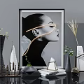 Modern Decorative Ornament Set With Framed Black White Portrait Vases Green Plants And Geometric Ornaments