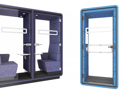 Purple And Blue Enclosed Workspace Pod With Glass Door Seats And Table 3d model