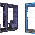 Purple And Blue Enclosed Workspace Pod With Glass Door Seats And Table