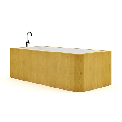 Modern Bathroom Set With Wooden Bathtub And Chrome Faucet Design 3d model