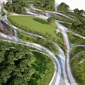 Natural Waterfront Landscape Design Featuring Winding Paths Lush Greenery And Open Recreational Areas