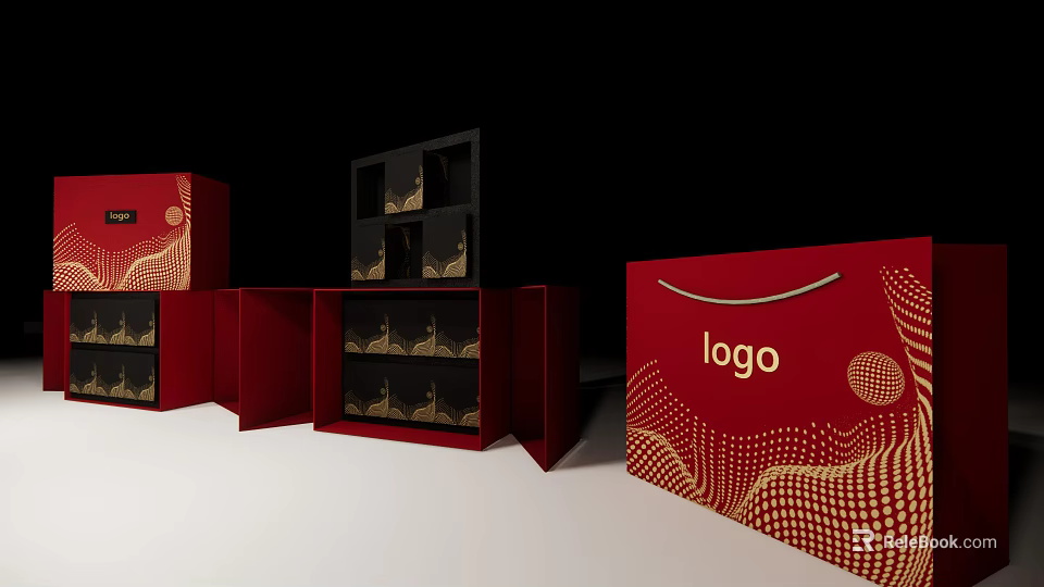 Decorative Ornament Set with Red Display Cabinets and Logo Packaging Boxes 3d model