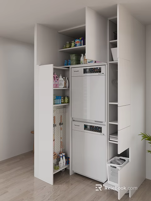 White Kitchen Cabinetry With Built in Appliances Open Shelves And Organized Storage Supplies 3d model 
