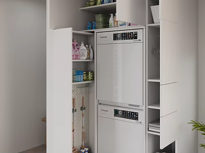 White Kitchen Cabinetry With Built in Appliances Open Shelves And Organized Storage Supplies 3d model