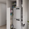 White Kitchen Cabinetry With Built in Appliances Open Shelves And Organized Storage Supplies
