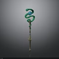 Enchanted Magic Staff With Green Coiled Top Blue Gemstone And Golden Accents