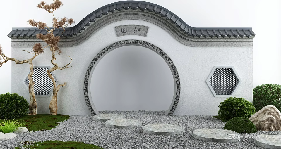 Chinese Circular Moon Gate In Traditional Garden With Stones And Trees 3d model 