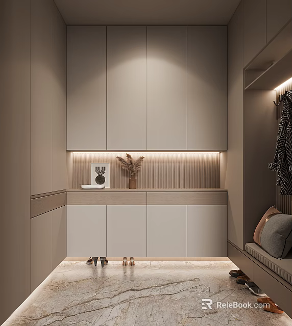 Modern Shoe Cabinet Interior Design With Embedded LED Lighting Decorative Dried Flowers And Stone Top 3d model 
