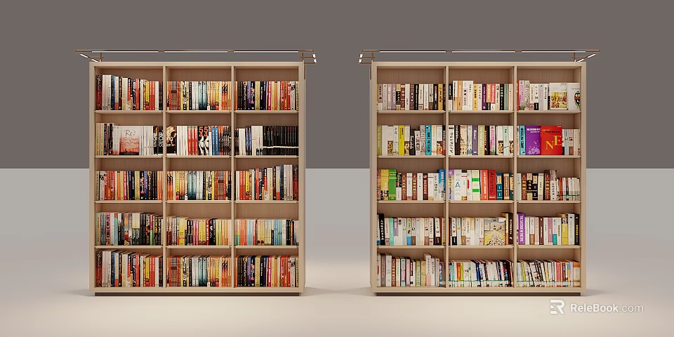 Two Light Wooden Bookcases With Multiple Shelves Filled With Colorful Books 3d model 