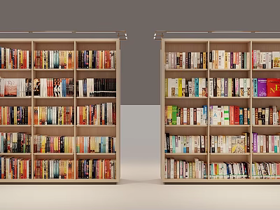 Two Light Wooden Bookcases With Multiple Shelves Filled With Colorful Books 3d model